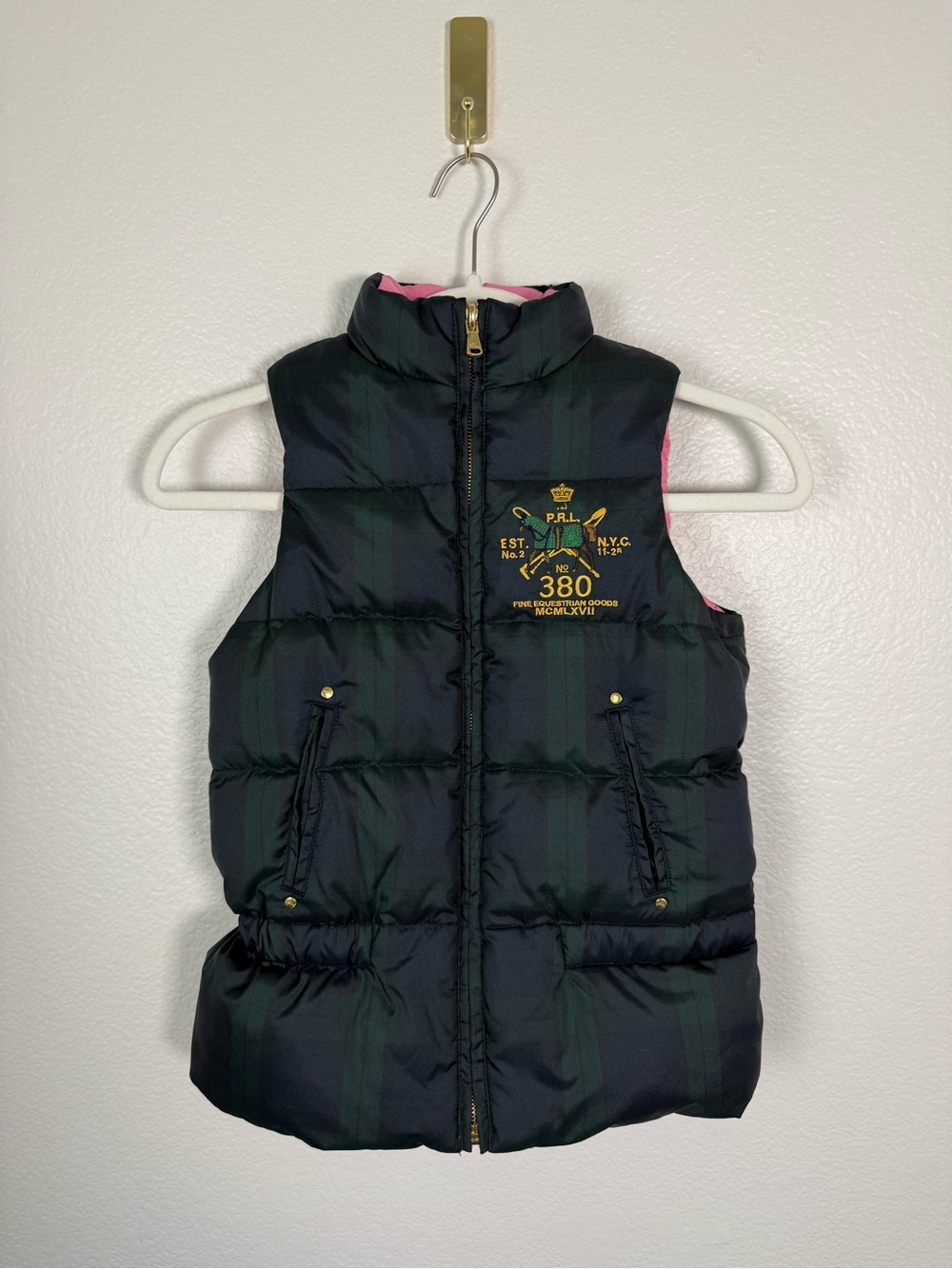 Ralph Lauren Down Puffer Vest Girls Medium 8/10 Plaid Pink Reversible Crest Logo
